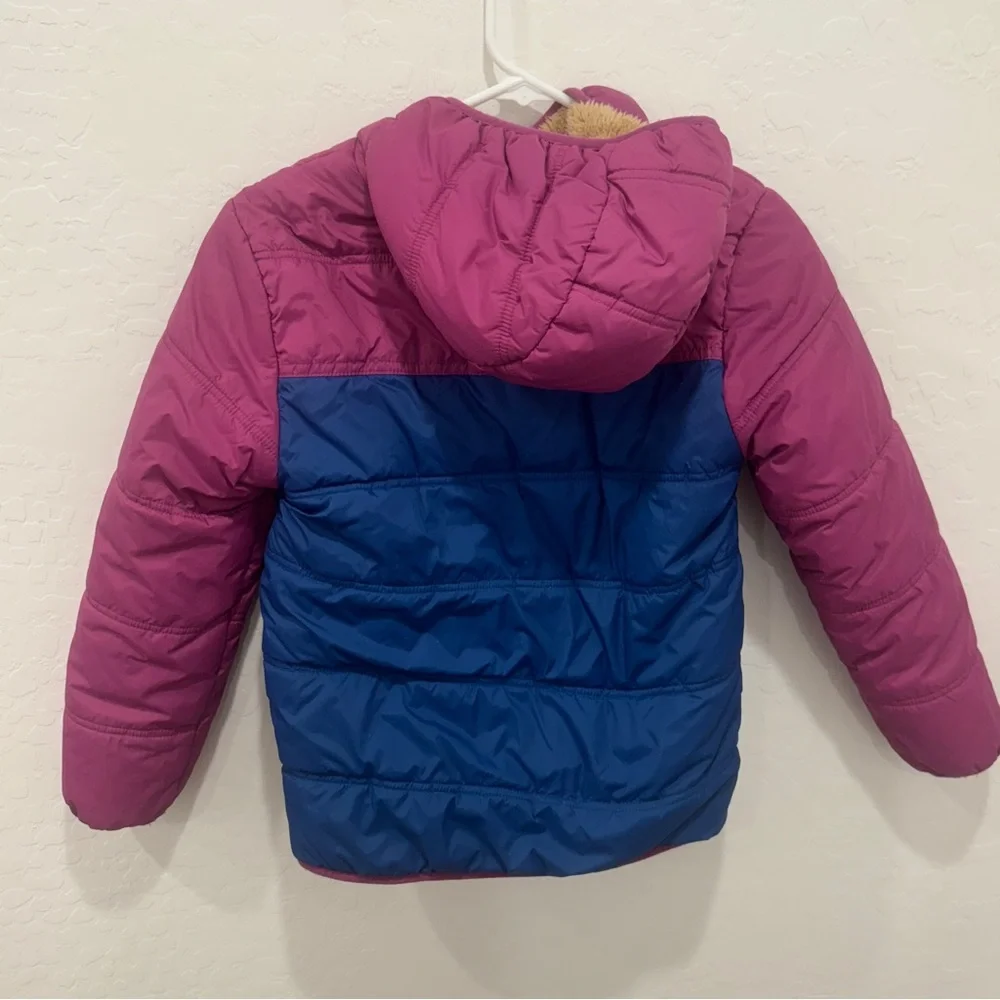 Eddie Bauer Puffer Jacket Girls 10/12 Pink Blue Hooded Winter Snow Warm Fleece